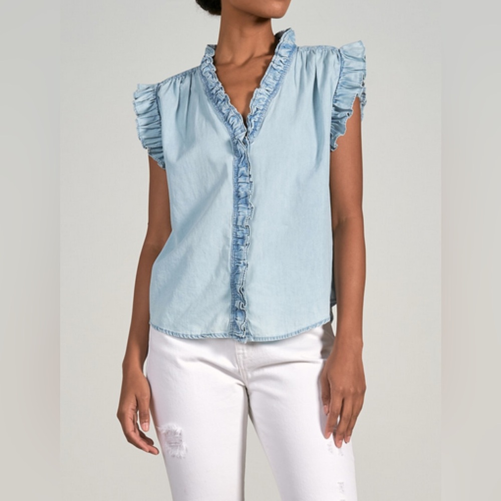 Elan Women's Ruffled V-Neck Top - Light Blue medium NWT